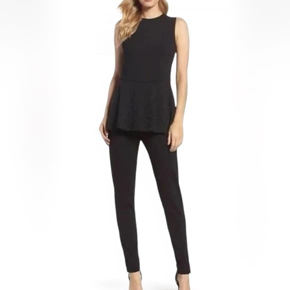 Eliza J Rhinestone Peplum Black Jumpsuit Size 4 Neutral Minimalist Business - Thumbnail 14