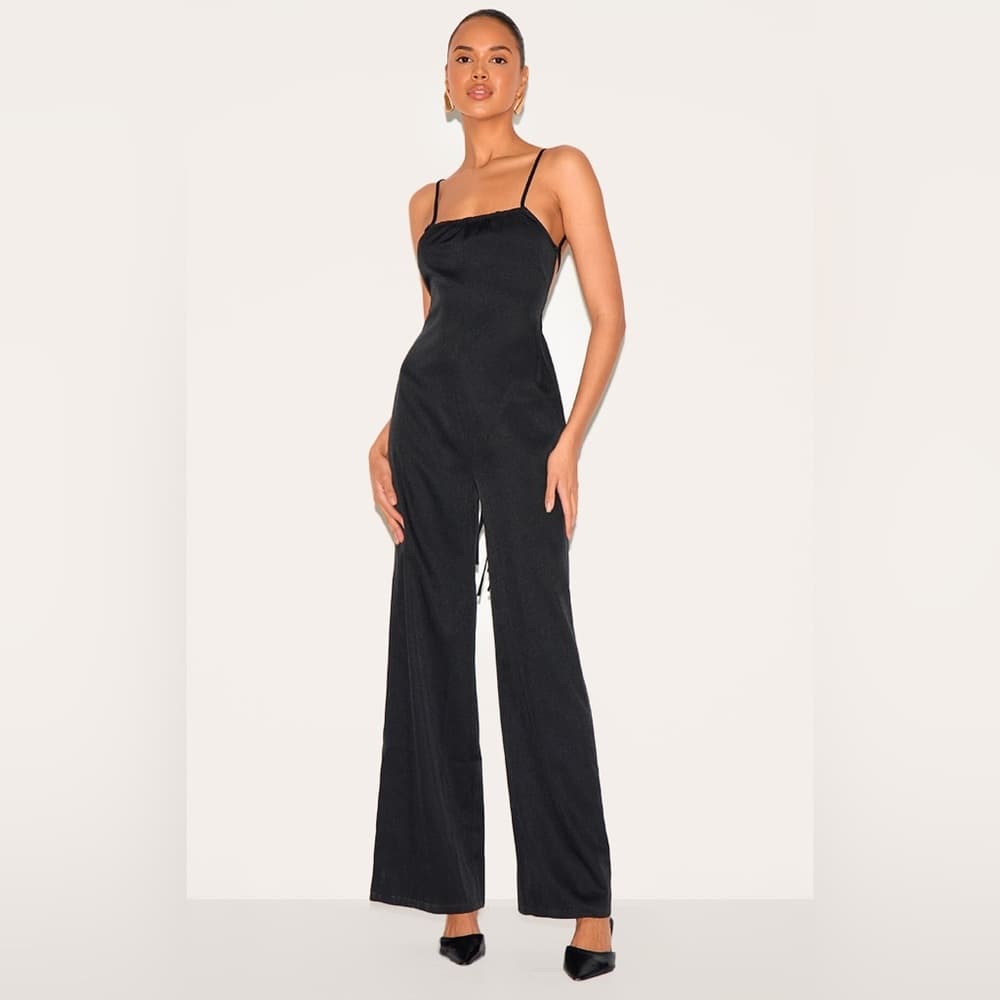 PrettyLittleThing Black Pleated Wide Leg Jumpsuit Size 10 Party Ready - Thumbnail 9