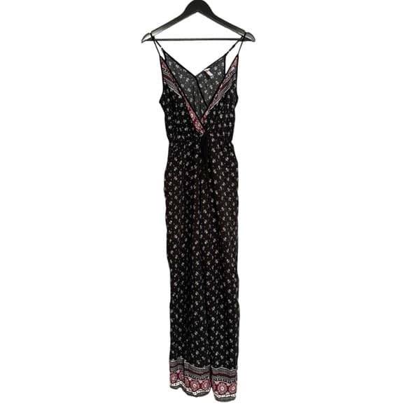 Xhilaration Black Boho Wide Leg Jumpsuit Size XL Floral Print Sleeveless Romper - Thumbnail 9
