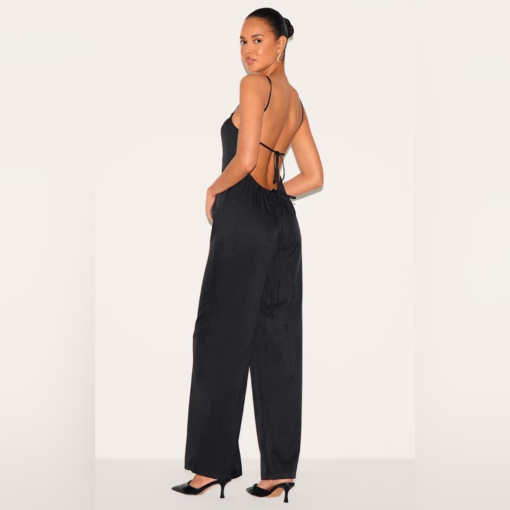 PrettyLittleThing Black Pleated Wide Leg Jumpsuit Size 10 Party Ready - Thumbnail 8