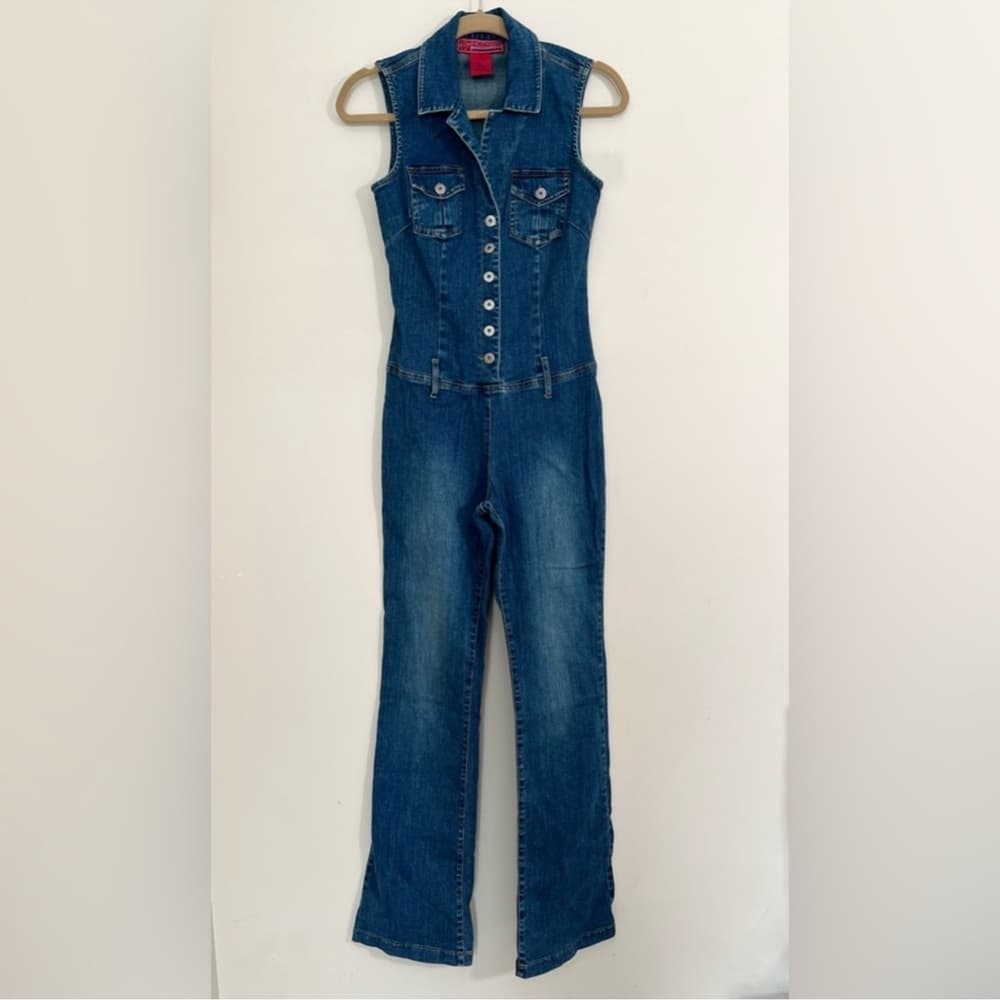 Hot Kiss Denim Sleeveless Jumpsuit 2000s Y2K Vintage Button Front Romper Small - Thumbnail 6