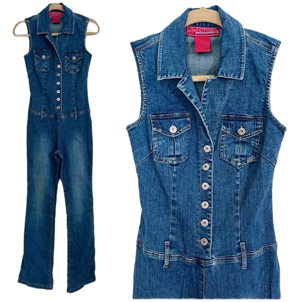 Hot Kiss Denim Sleeveless Jumpsuit 2000s Y2K Vintage Button Front Romper Small - Thumbnail 15