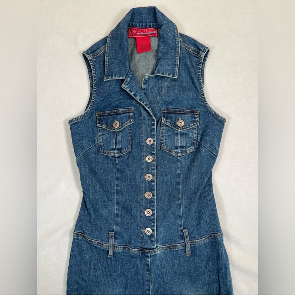 Hot Kiss Denim Sleeveless Jumpsuit 2000s Y2K Vintage Button Front Romper Small - Thumbnail 3