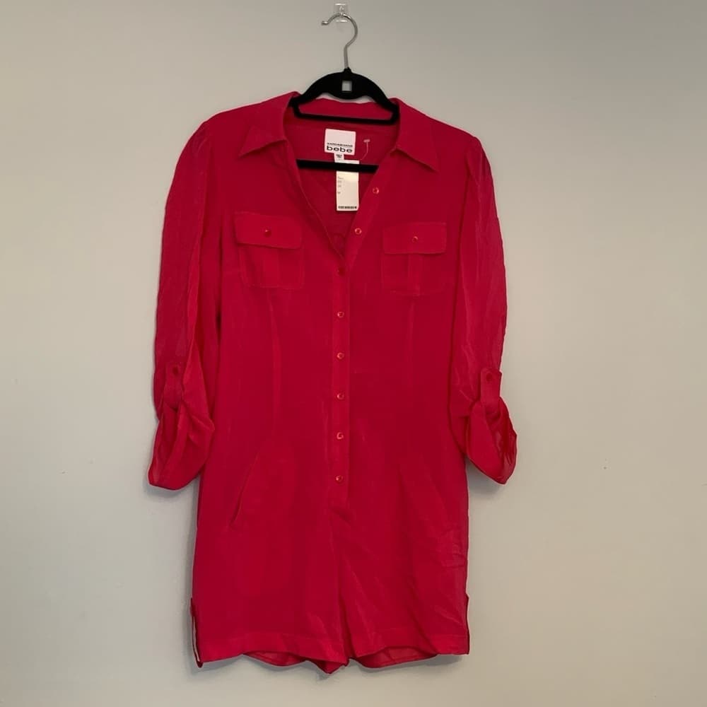 Kardashian x Bebe Y2K Pink Shirt Romper Utility Button-Up Chest Pockets Women M - Thumbnail 10