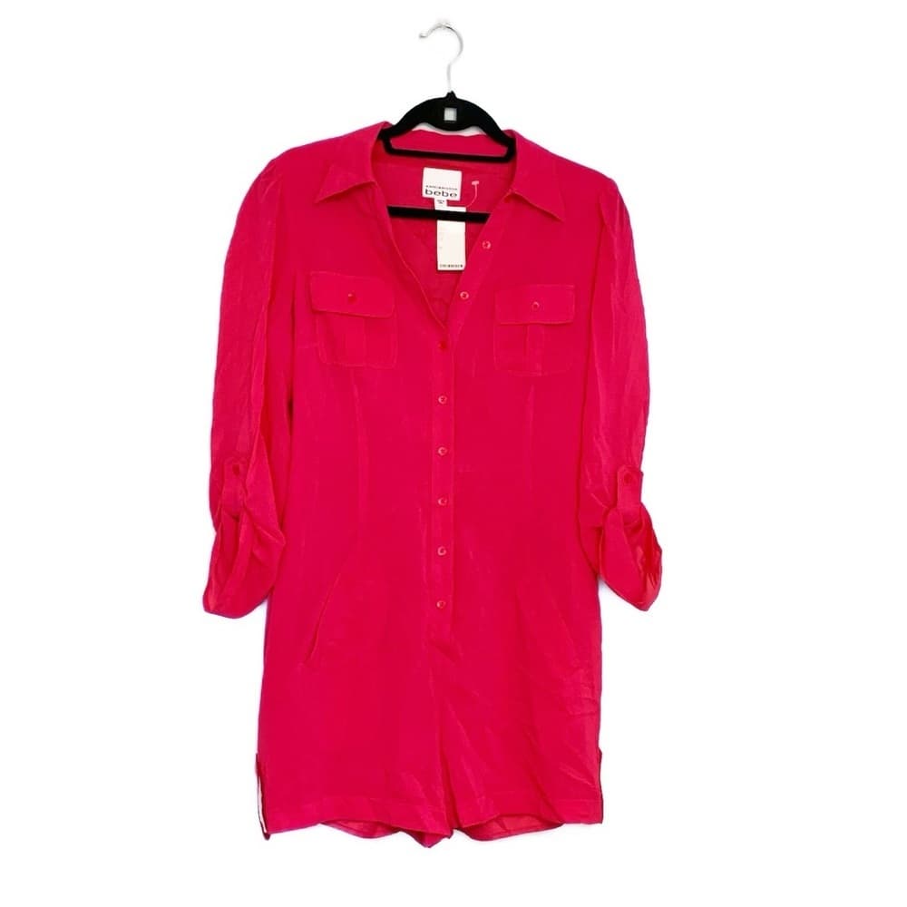 Kardashian x Bebe Y2K Pink Shirt Romper Utility Button-Up Chest Pockets Women M - Thumbnail 3