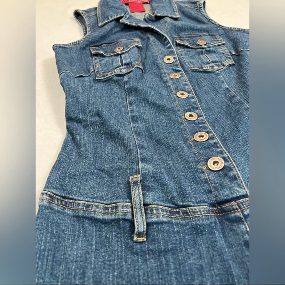 Hot Kiss Denim Sleeveless Jumpsuit 2000s Y2K Vintage Button Front Romper Small - Thumbnail 4