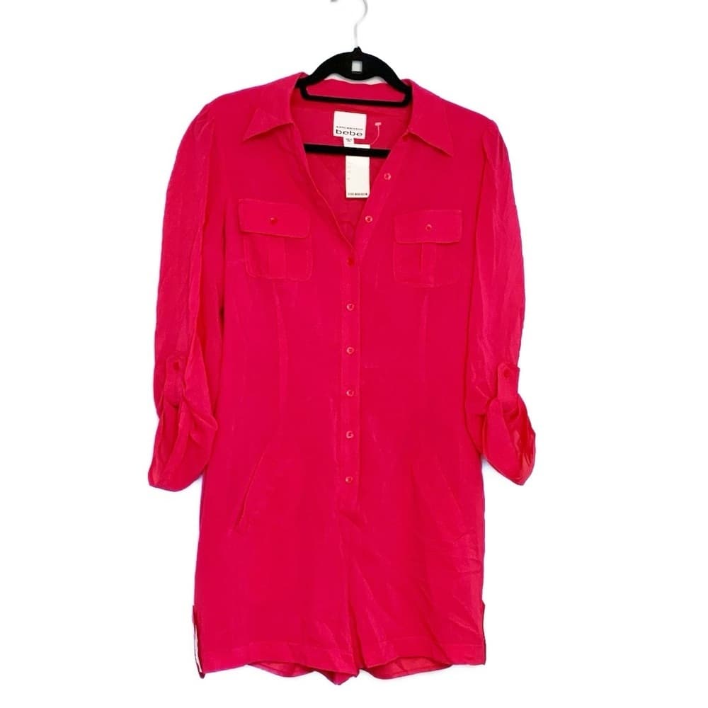 Kardashian x Bebe Y2K Pink Shirt Romper Utility Button-Up Chest Pockets Women M - Thumbnail 4