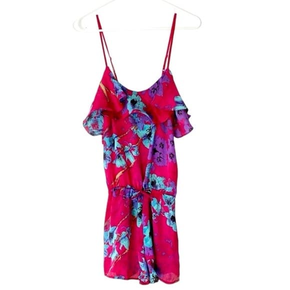 Gibson Floral Pink Shorts Romper Drawstring Waist & Adjustable Spaghetti Straps - Thumbnail 12