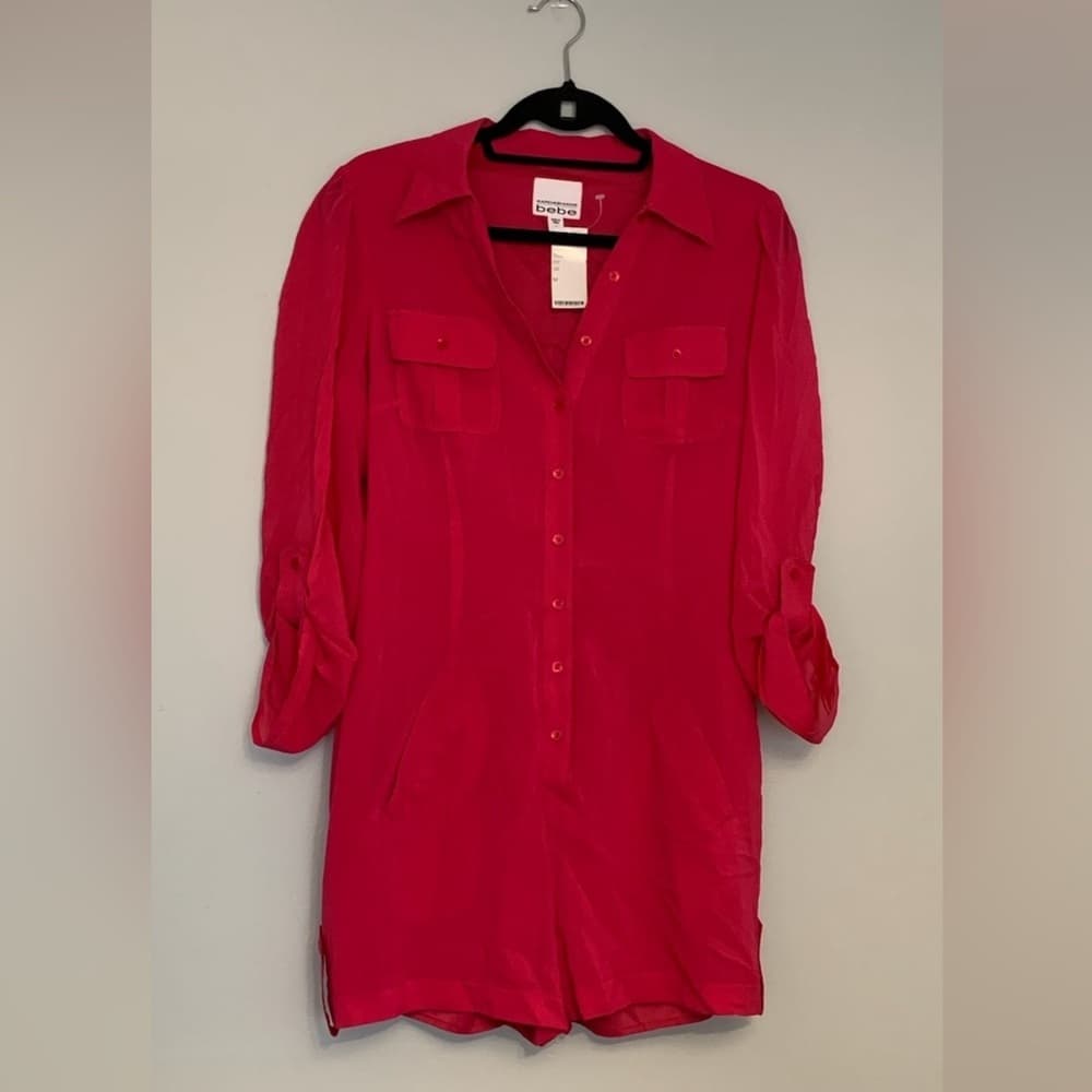Kardashian x Bebe Y2K Pink Shirt Romper Utility Button-Up Chest Pockets Women M - Thumbnail 8