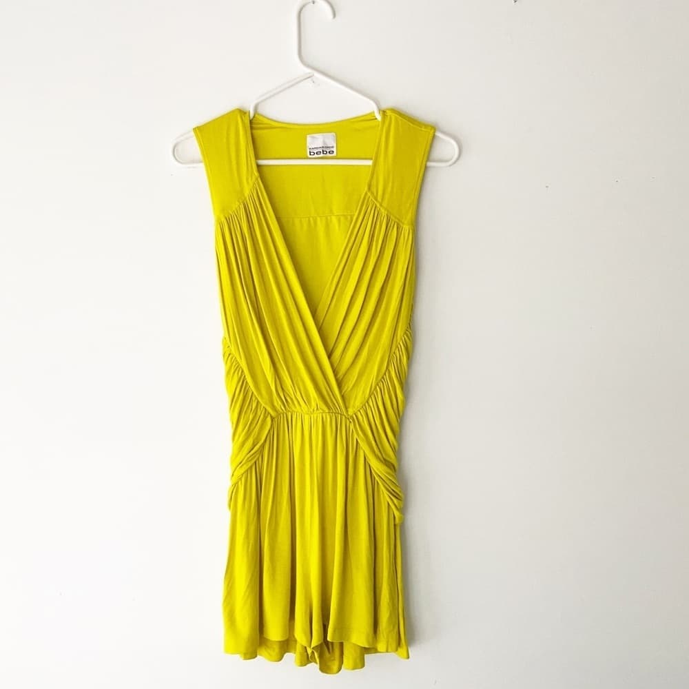 Kardashians for Bebe Collection Neon Yellow Romper | Sleeveless | Deep V Plunge - Thumbnail 6