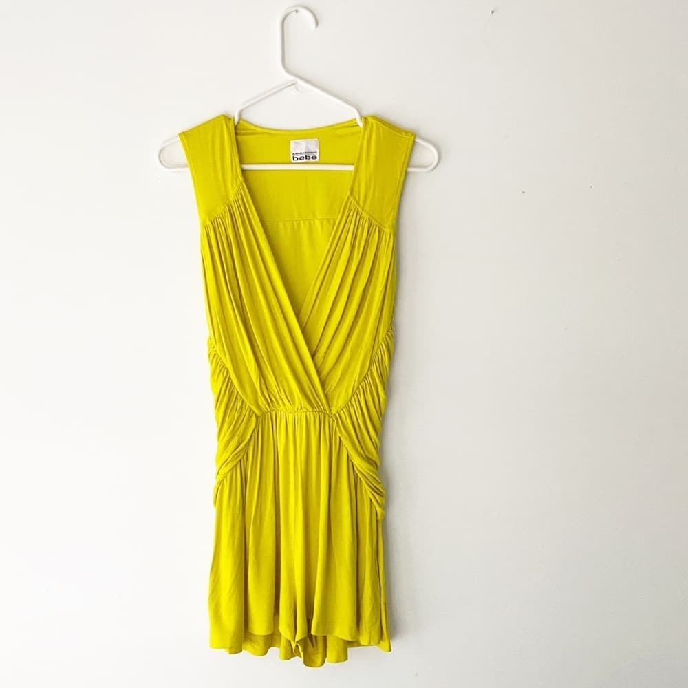 Kardashians for Bebe Collection Neon Yellow Romper | Sleeveless | Deep V Plunge - Thumbnail 5