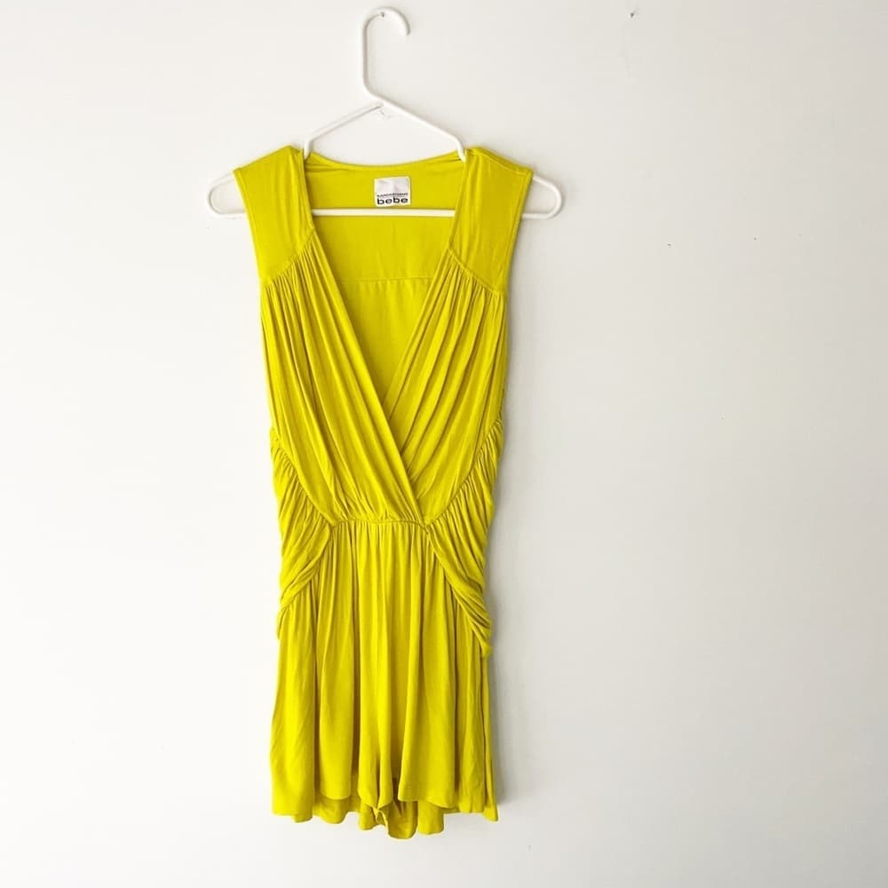 Kardashians for Bebe Collection Neon Yellow Romper | Sleeveless | Deep V Plunge - Thumbnail 4