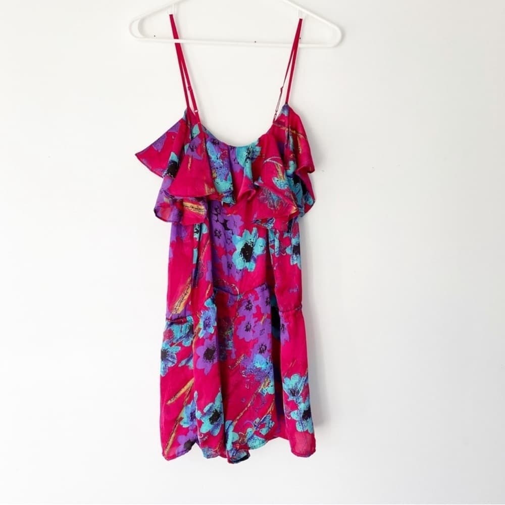 Gibson Floral Pink Shorts Romper Drawstring Waist & Adjustable Spaghetti Straps - Thumbnail 8