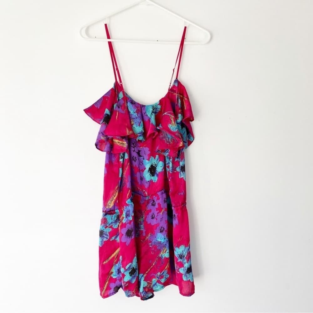 Gibson Floral Pink Shorts Romper Drawstring Waist & Adjustable Spaghetti Straps - Thumbnail 7