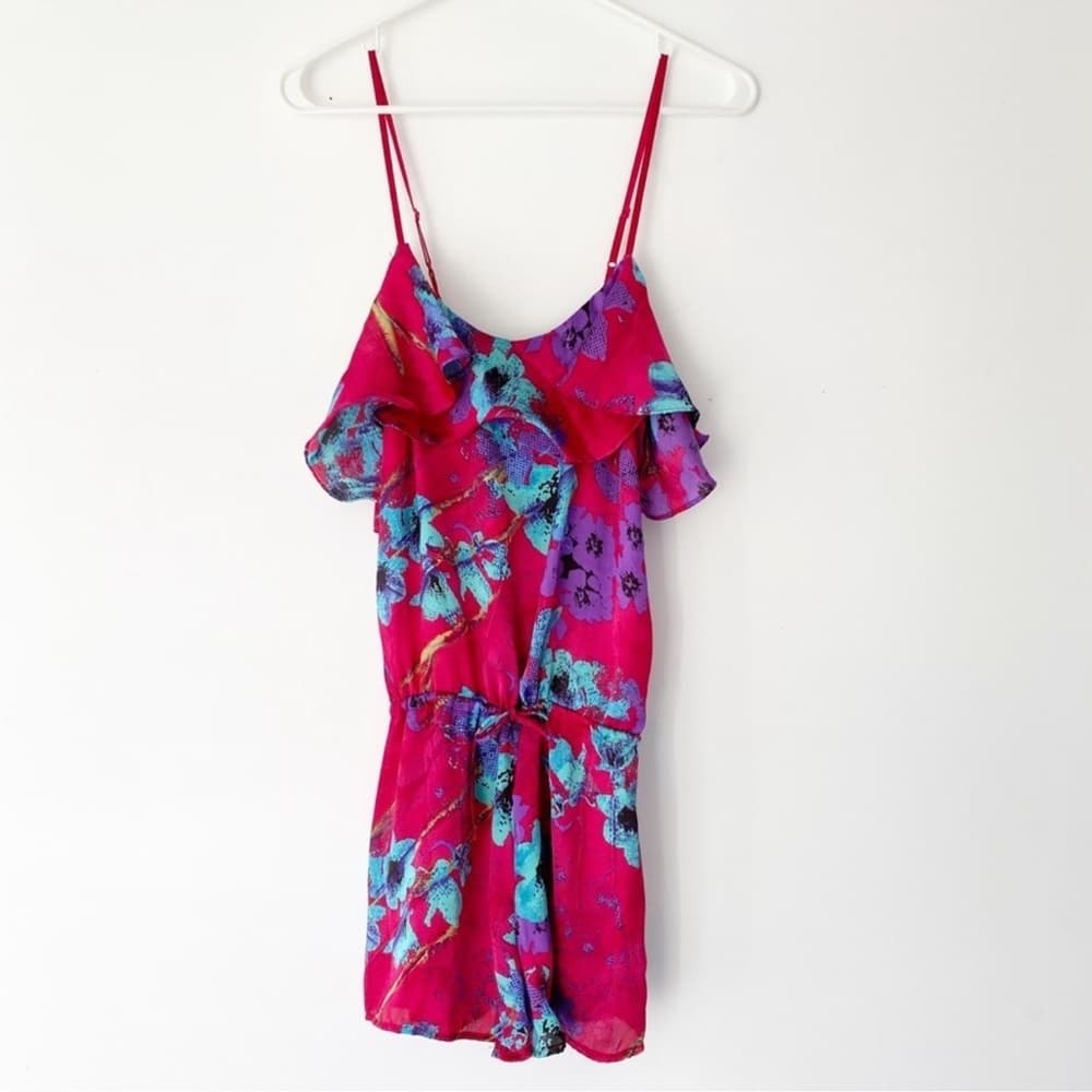 Gibson Floral Pink Shorts Romper Drawstring Waist & Adjustable Spaghetti Straps - Thumbnail 9