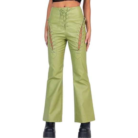 Princess Polly Harvey Pu Pants Green Lace Up Flare Faux Leather Size 2 - Thumbnail 9