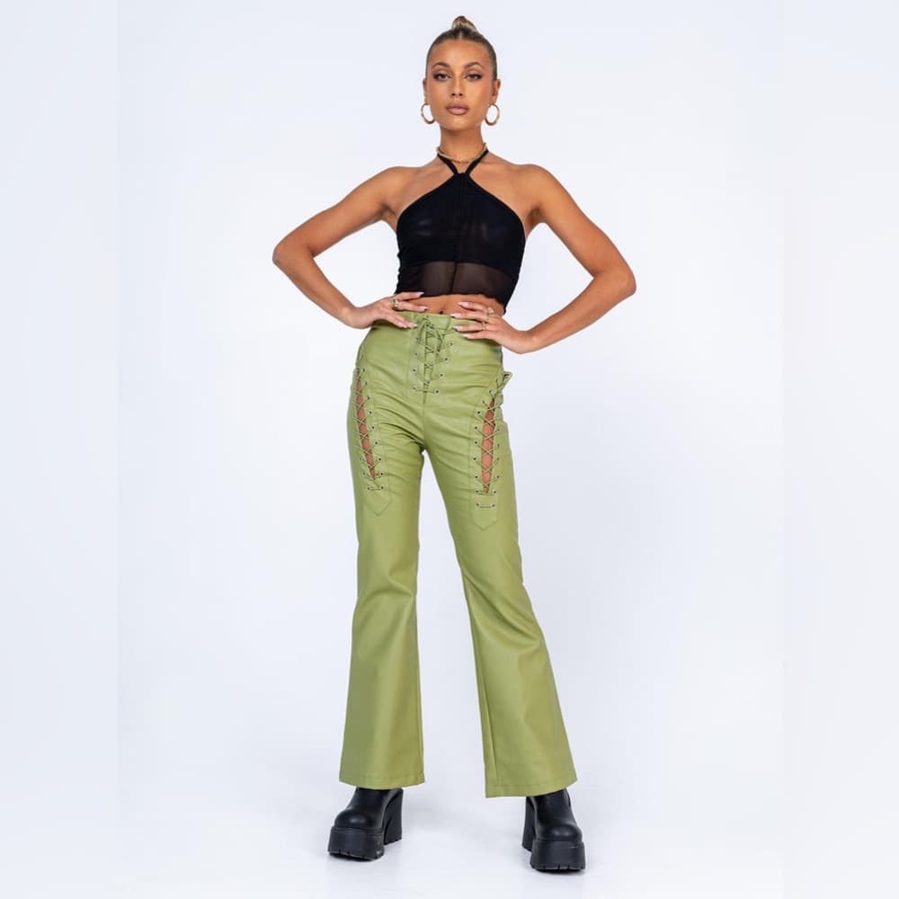 Princess Polly Harvey Pu Pants Green Lace Up Flare Faux Leather Size 2