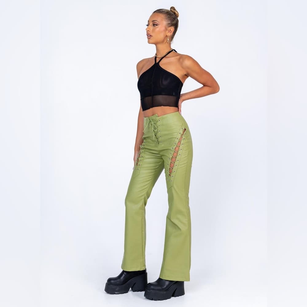Princess Polly Harvey Pu Pants Green Lace Up Flare Faux Leather Size 2 - Thumbnail 2