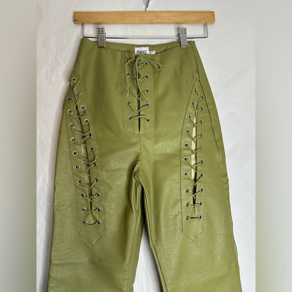 Princess Polly Harvey Pu Pants Green Lace Up Flare Faux Leather Size 2 - Thumbnail 4