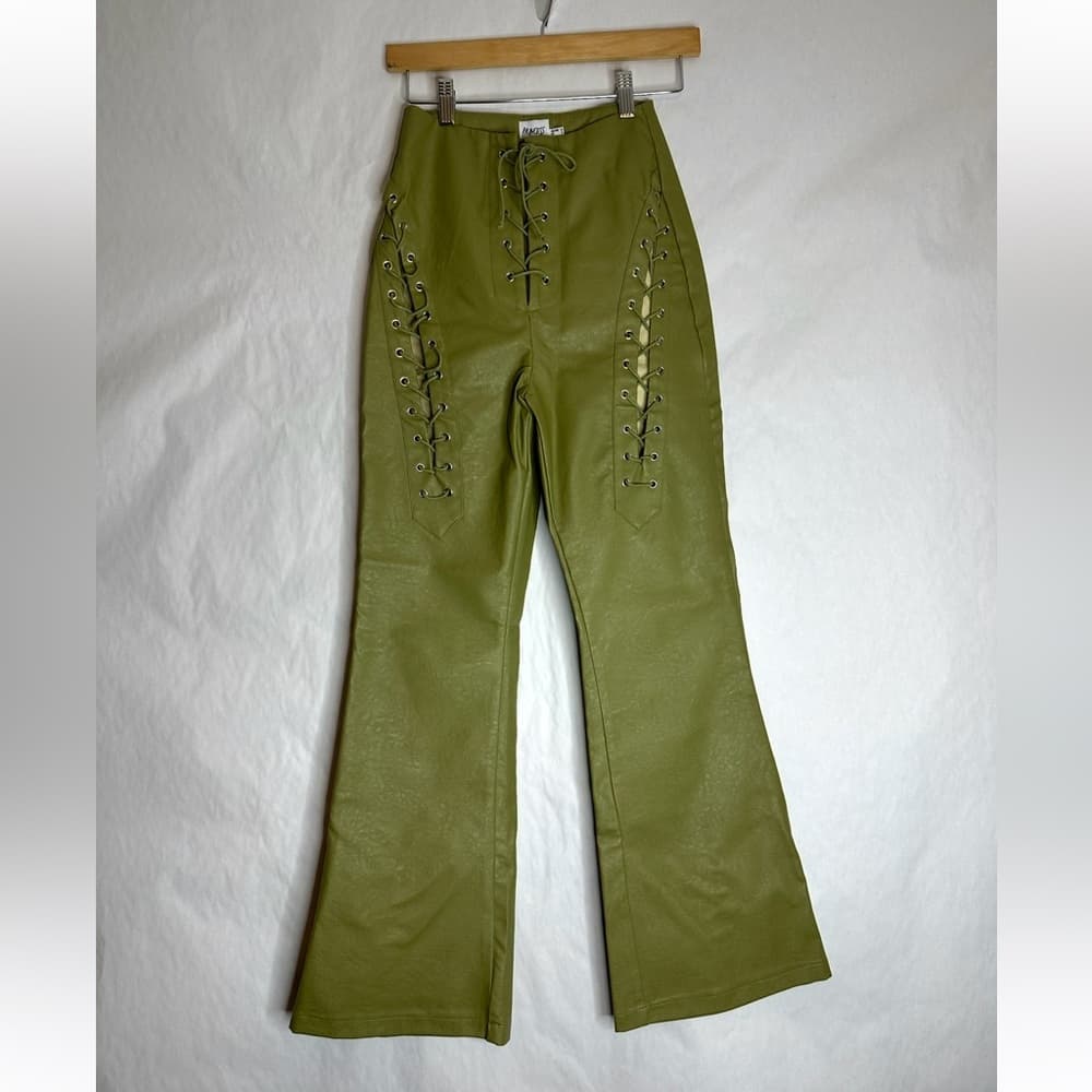 Princess Polly Harvey Pu Pants Green Lace Up Flare Faux Leather Size 2 - Thumbnail 7