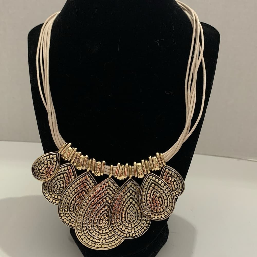 Gold Tone Statement Teardrop Disc Necklace Multi Strand Vintage Y2K Whimsigoth