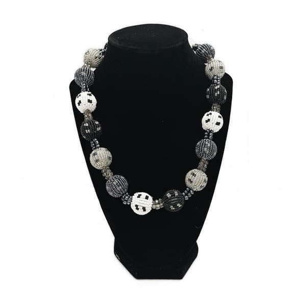 Vintage Black Grey White Glass Ball Beaded Tribal Necklace Timeless Elegance - Thumbnail 11
