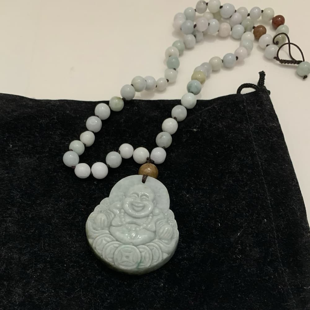 SJ Pearl Laughing Buddha Pendant Real Jade Necklace Adjustable Length NWOT