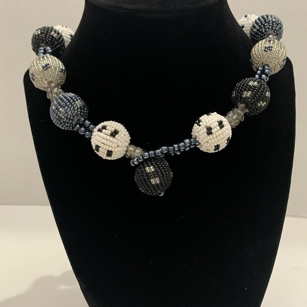 Vintage Black Grey White Glass Ball Beaded Tribal Necklace Timeless Elegance - Thumbnail 3