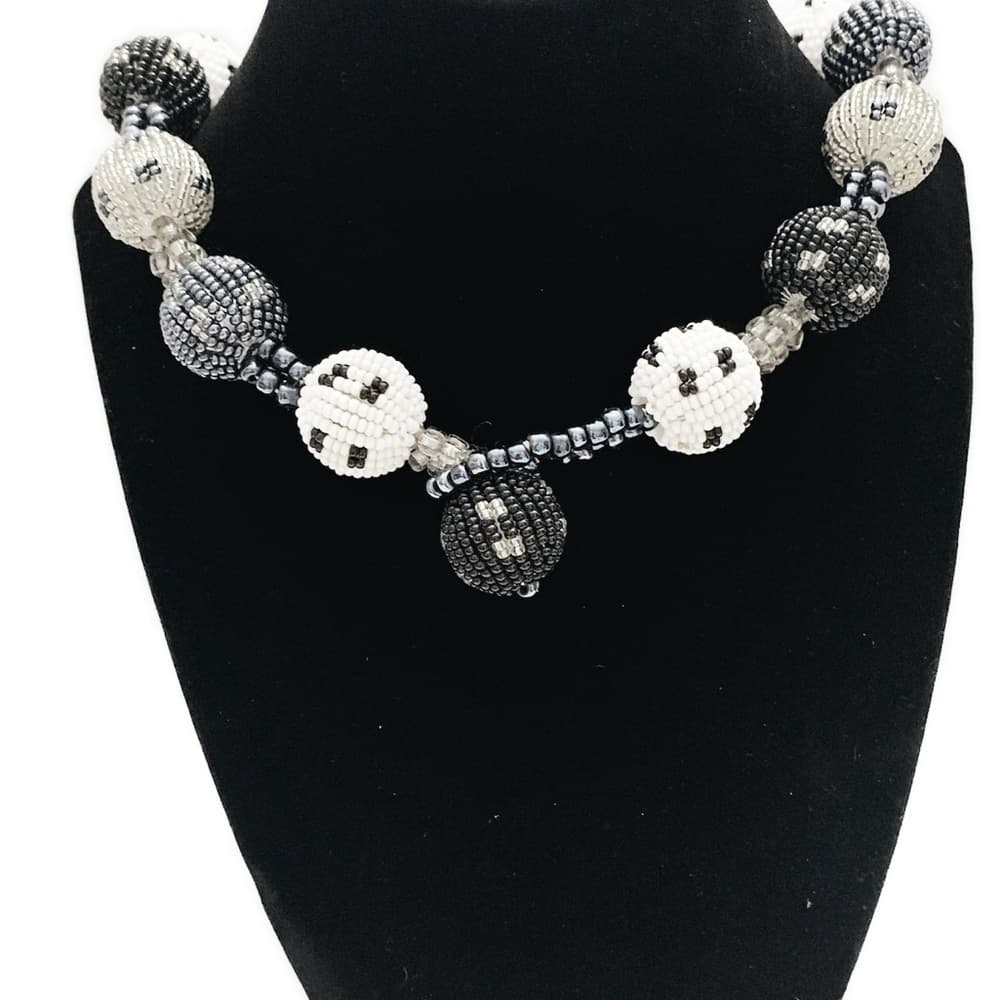 Vintage Black Grey White Glass Ball Beaded Tribal Necklace Timeless Elegance - Thumbnail 8