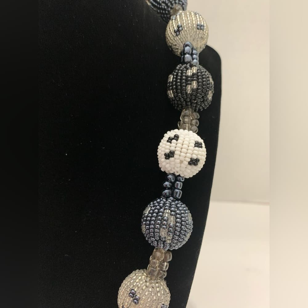 Vintage Black Grey White Glass Ball Beaded Tribal Necklace Timeless Elegance - Thumbnail 2