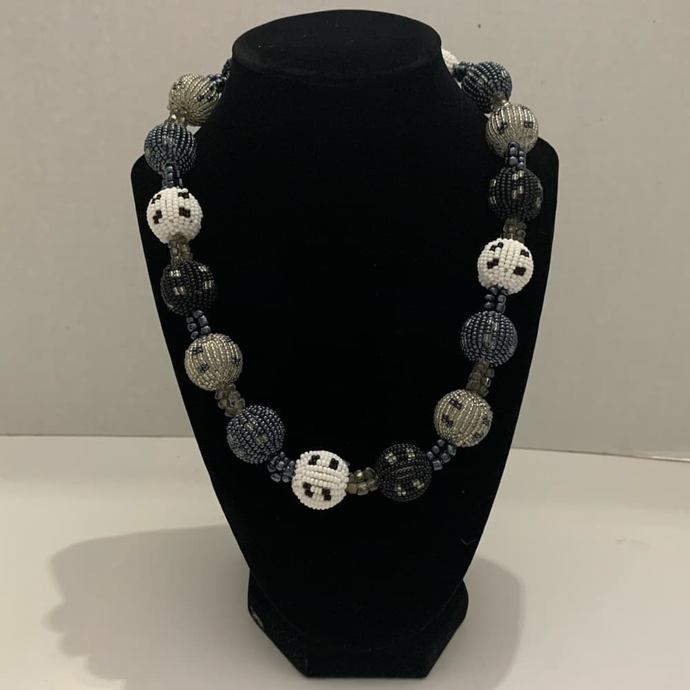 Vintage Black Grey White Glass Ball Beaded Tribal Necklace Timeless Elegance