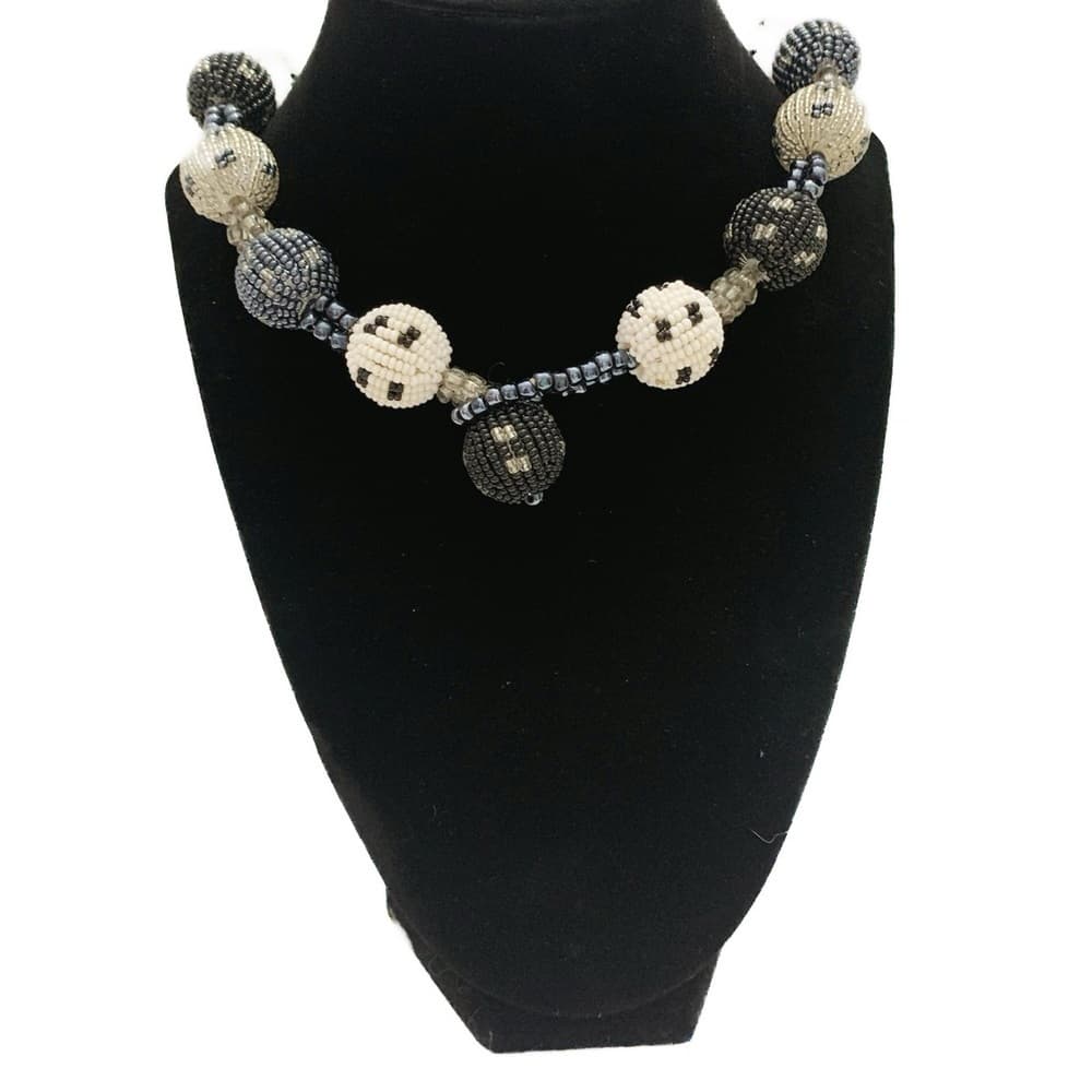 Vintage Black Grey White Glass Ball Beaded Tribal Necklace Timeless Elegance - Thumbnail 5