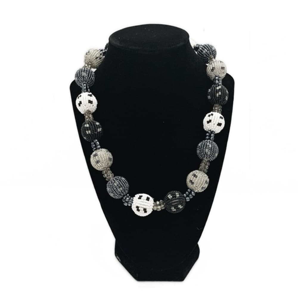 Vintage Black Grey White Glass Ball Beaded Tribal Necklace Timeless Elegance - Thumbnail 10