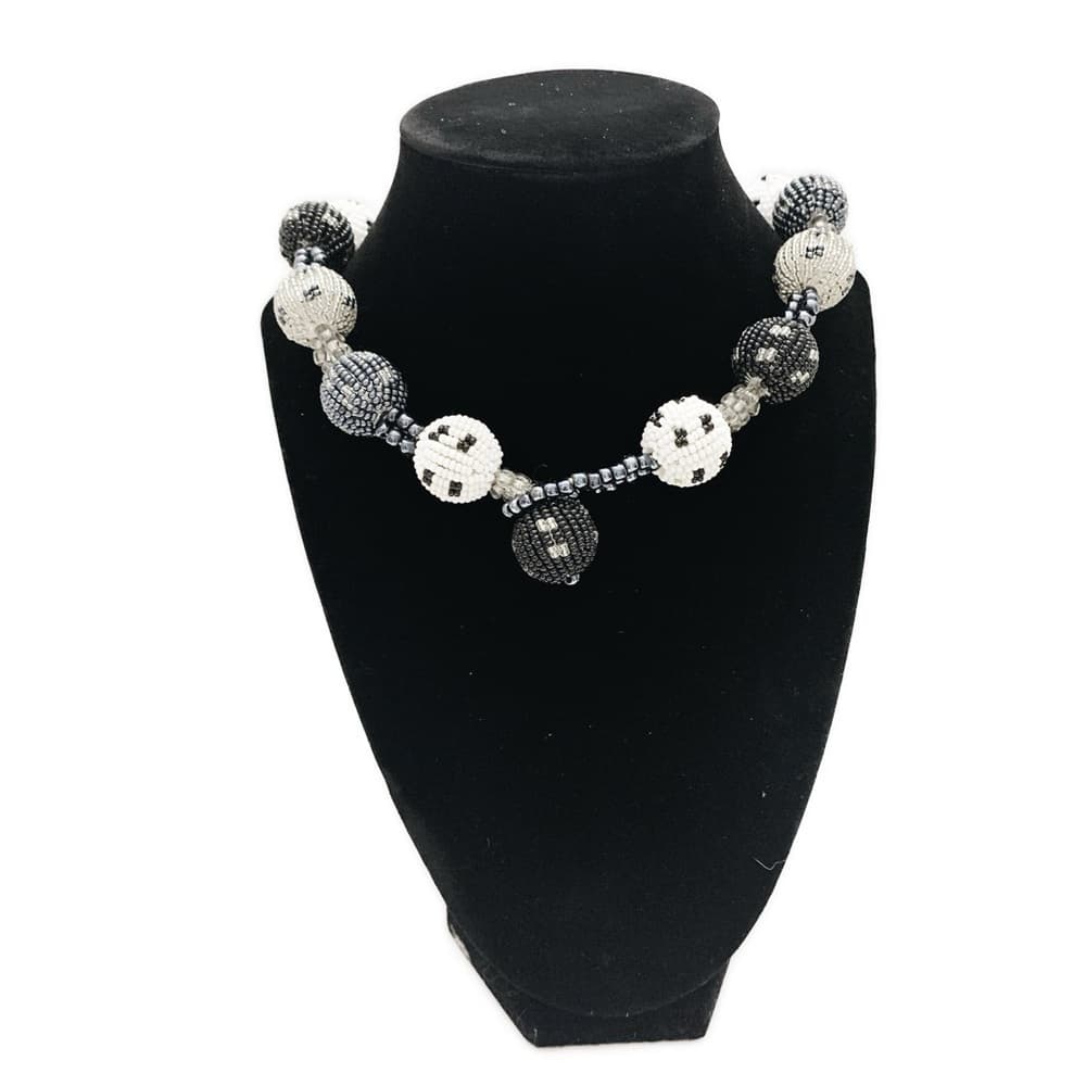 Vintage Black Grey White Glass Ball Beaded Tribal Necklace Timeless Elegance - Thumbnail 6