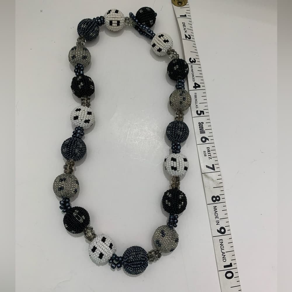 Vintage Black Grey White Glass Ball Beaded Tribal Necklace Timeless Elegance - Thumbnail 4