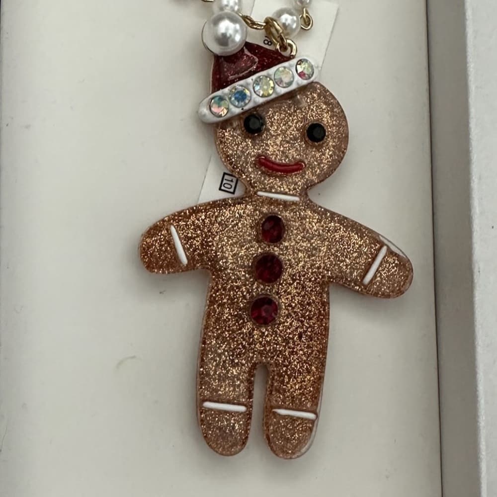 NIB Betsey Johnson Gingerbread Man Santa Hat Necklace Holiday Charm Great Gift - Thumbnail 5