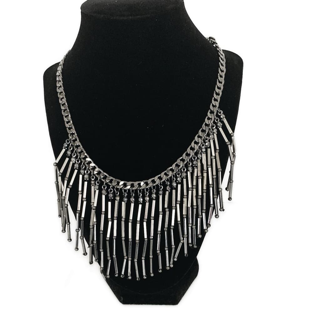 New York & Co Trendy Gunmetal Silver Tone Fringe Bib Statement Necklace Preowned