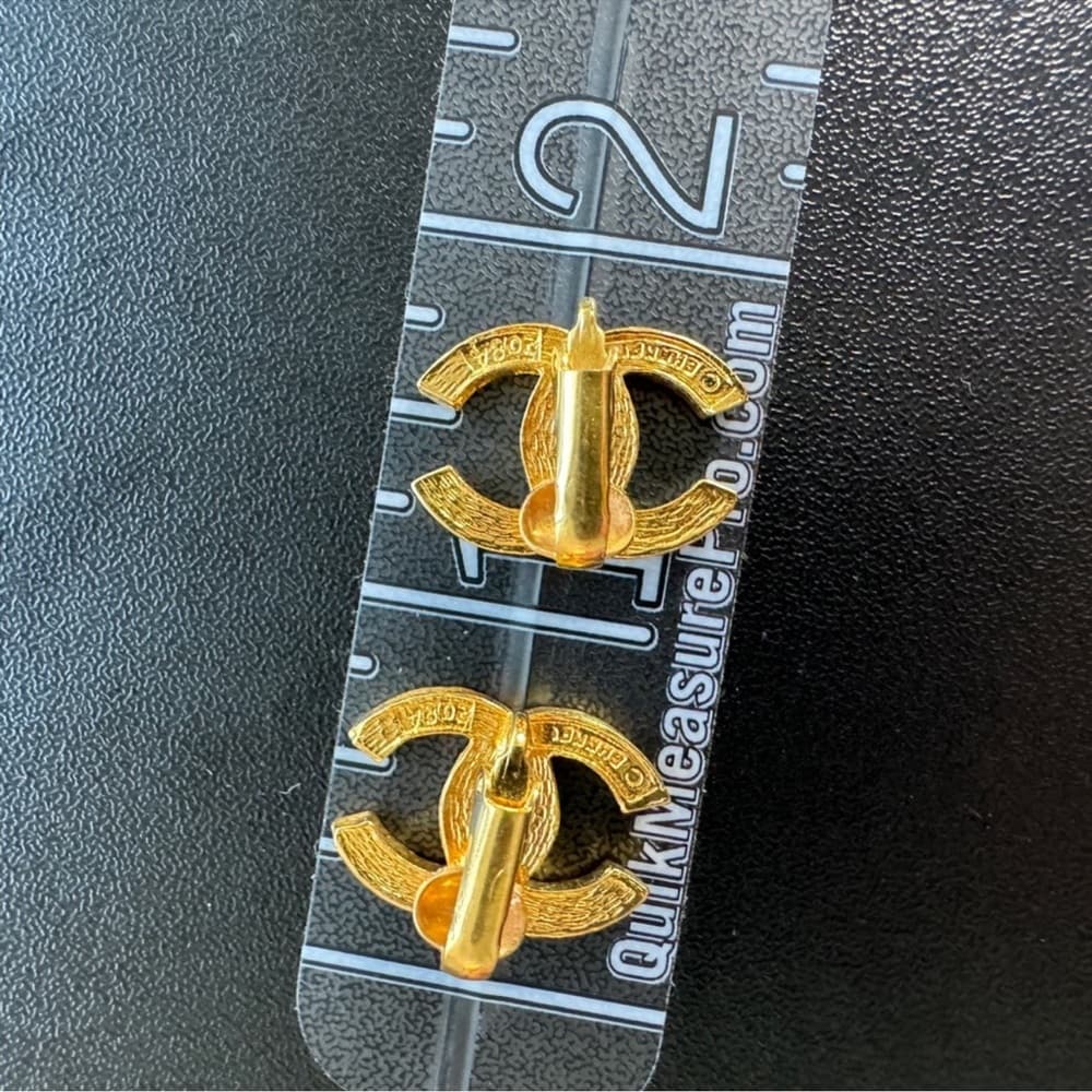 CHANEL Earrings Vintage CC Logo Crystal Clip On 24K Gold Plated Studs with Box - Thumbnail 2