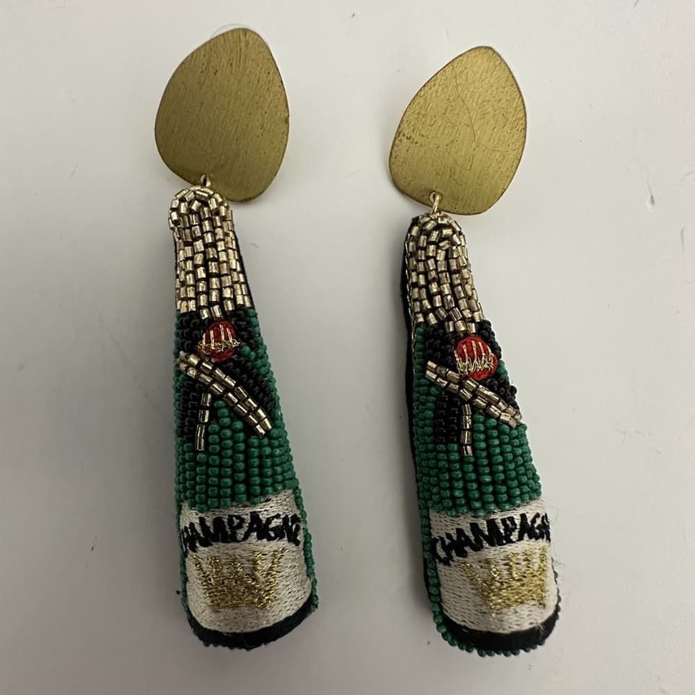 Allie Beads Champagne Bottle Statement Beaded Earrings Gold Green Jewelry Gift