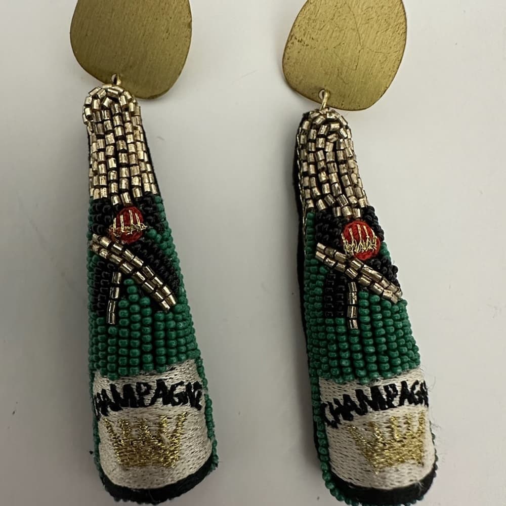 Allie Beads Champagne Bottle Statement Beaded Earrings Gold Green Jewelry Gift - Thumbnail 2