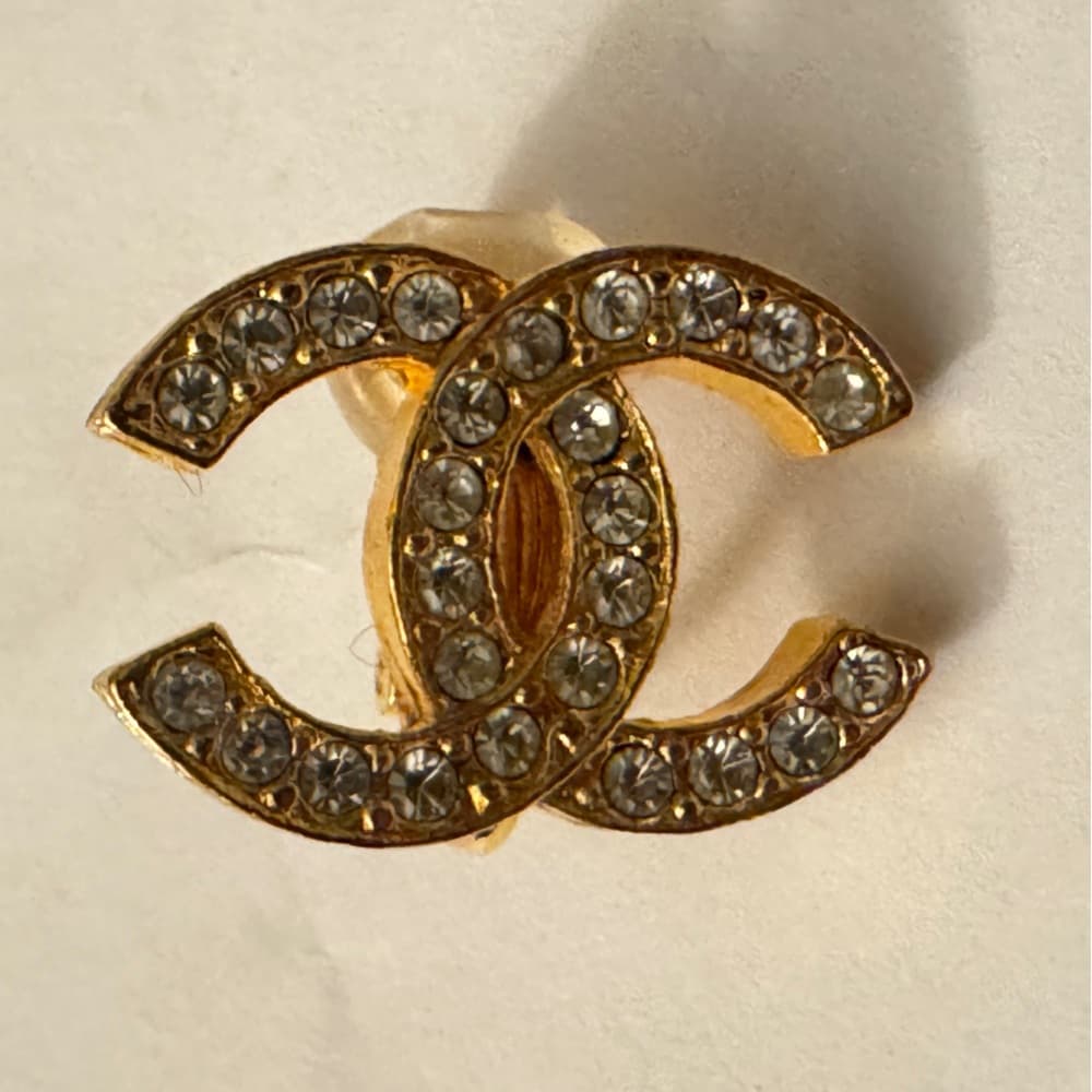 CHANEL Earrings Vintage CC Logo Crystal Clip On 24K Gold Plated Studs with Box - Thumbnail 3