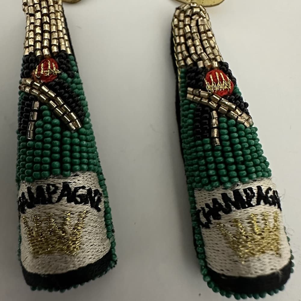 Allie Beads Champagne Bottle Statement Beaded Earrings Gold Green Jewelry Gift - Thumbnail 4
