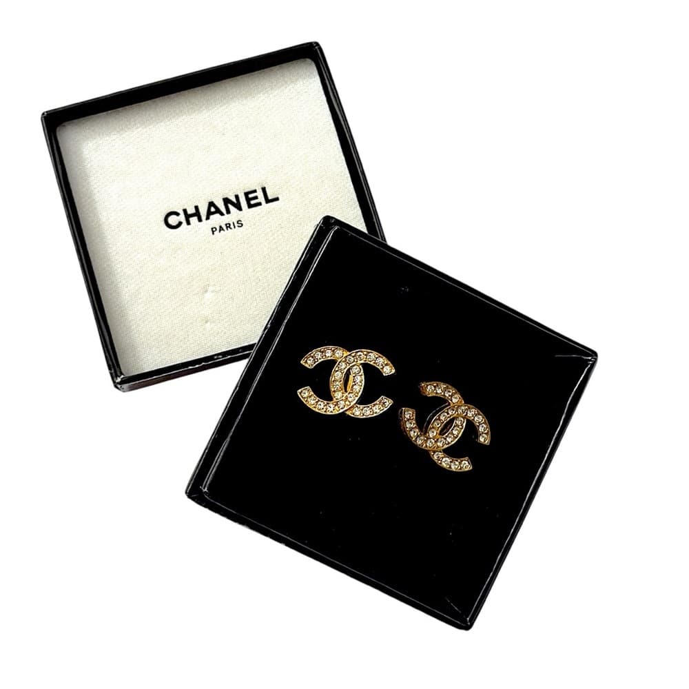 CHANEL Earrings Vintage CC Logo Crystal Clip On 24K Gold Plated Studs with Box - Thumbnail 13