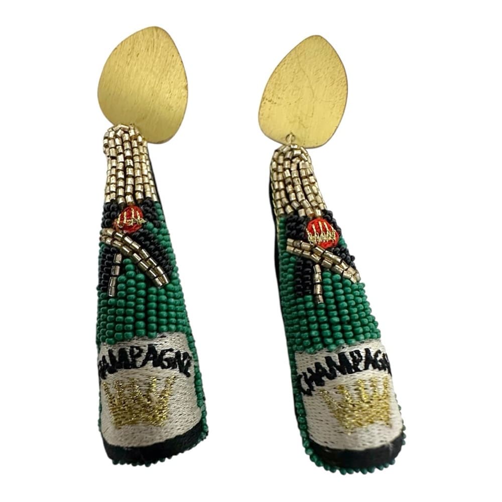 Allie Beads Champagne Bottle Statement Beaded Earrings Gold Green Jewelry Gift - Thumbnail 7