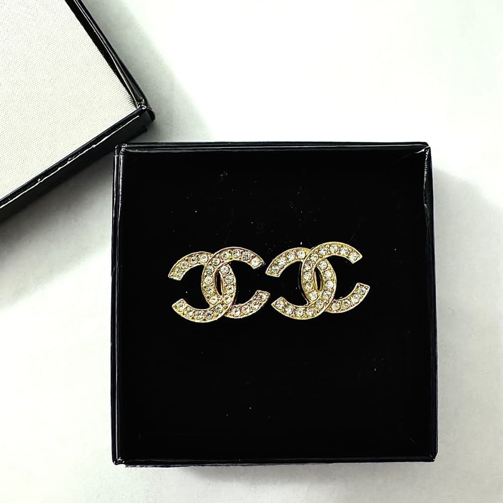 CHANEL Earrings Vintage CC Logo Crystal Clip On 24K Gold Plated Studs with Box