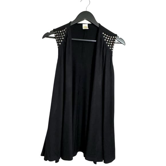 Ginger G Black Open Front Flowy Vest Y2K Studded Shoulders Medium Rebel Goth - Thumbnail 7