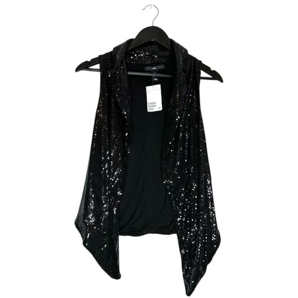 NWT H&M Black Sequin Draped Open Front Vest Size Large Y2K Evening Glam Holiday - Thumbnail 7
