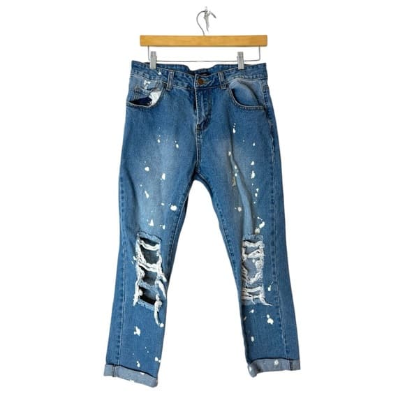 Forever 21 Ripped Distressed Paint Splatter Boyfriend Cropped Jeans Y2K Medium - Thumbnail 10
