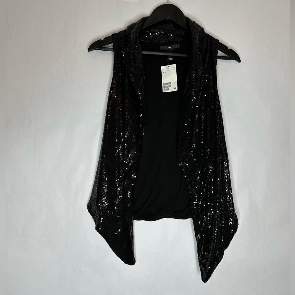 NWT H&M Black Sequin Draped Open Front Vest Size Large Y2K Evening Glam Holiday - Thumbnail 3