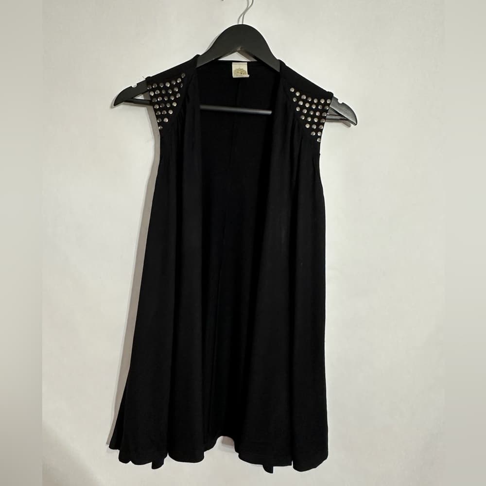 Ginger G Black Open Front Flowy Vest Y2K Studded Shoulders Medium Rebel Goth
